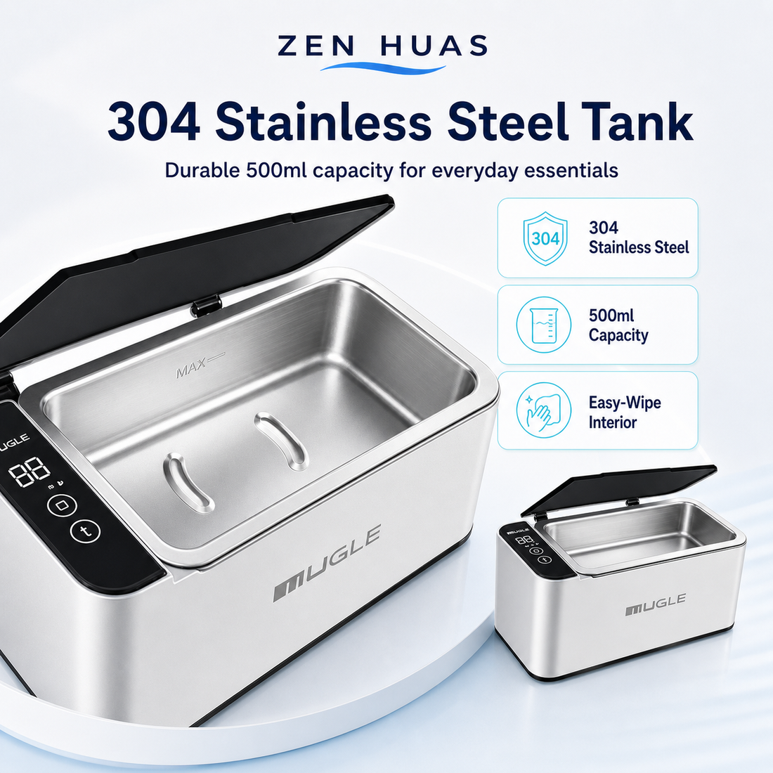 500ml Ultrasonic Cleaner Machine 46000Hz with 304 Stainless Steel Tank, Touch Control and 4 Timers for Home Use - product detail 4