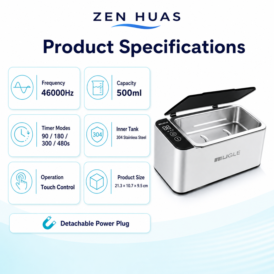 500ml Ultrasonic Cleaner Machine 46000Hz with 304 Stainless Steel Tank, Touch Control and 4 Timers for Home Use - product detail 8