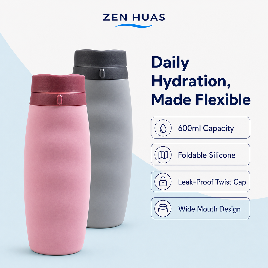 600ml Foldable Silicone Water Bottle Collapsible Leakproof BPA Free Wide Mouth for Travel Gym Camping - product detail 1