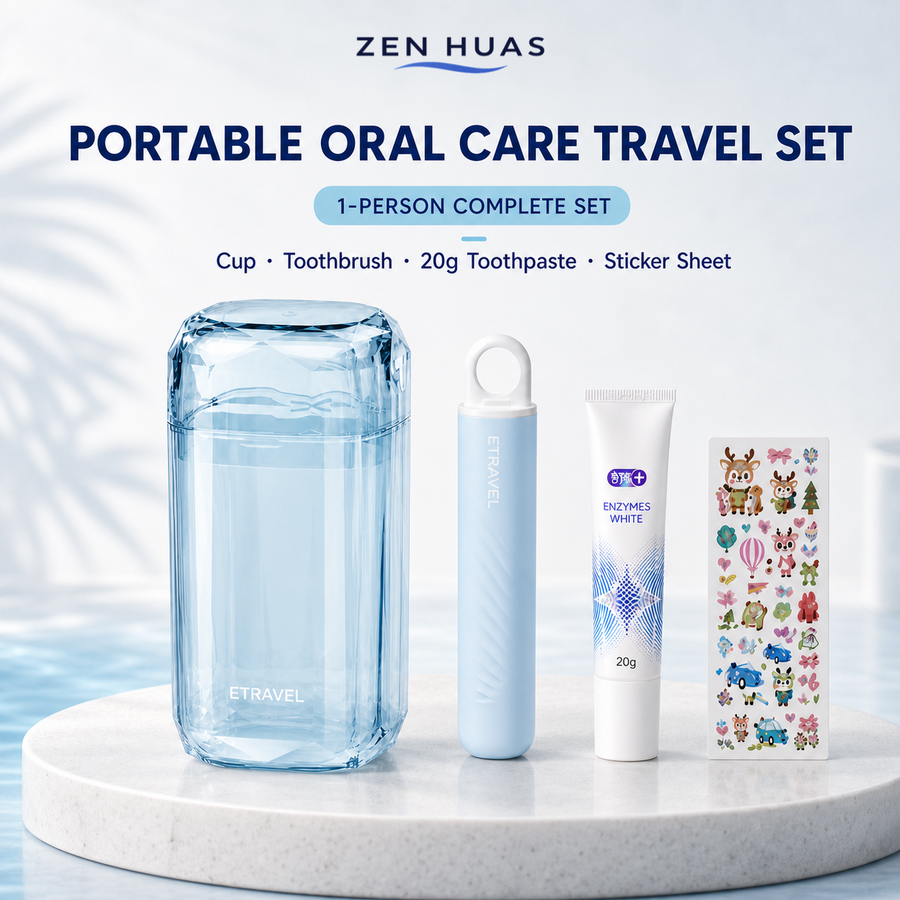 Portable oral care travel set with toothbrush toothpaste rinse cup and sticker sheet