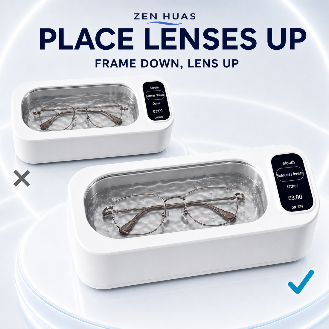 Ultrasonic cleaner glasses lens position