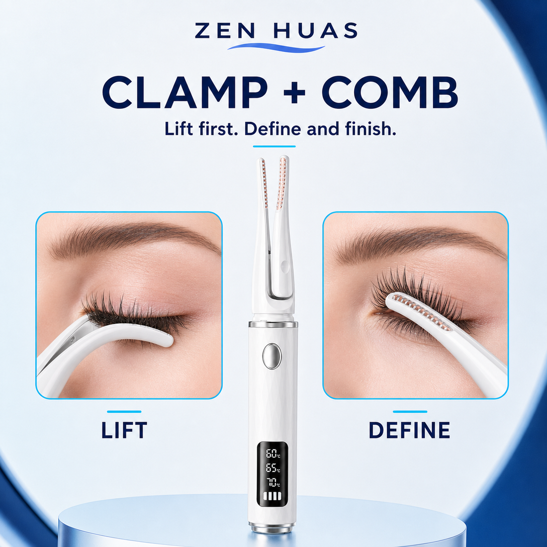 Heated eyelash curler clamp and comb