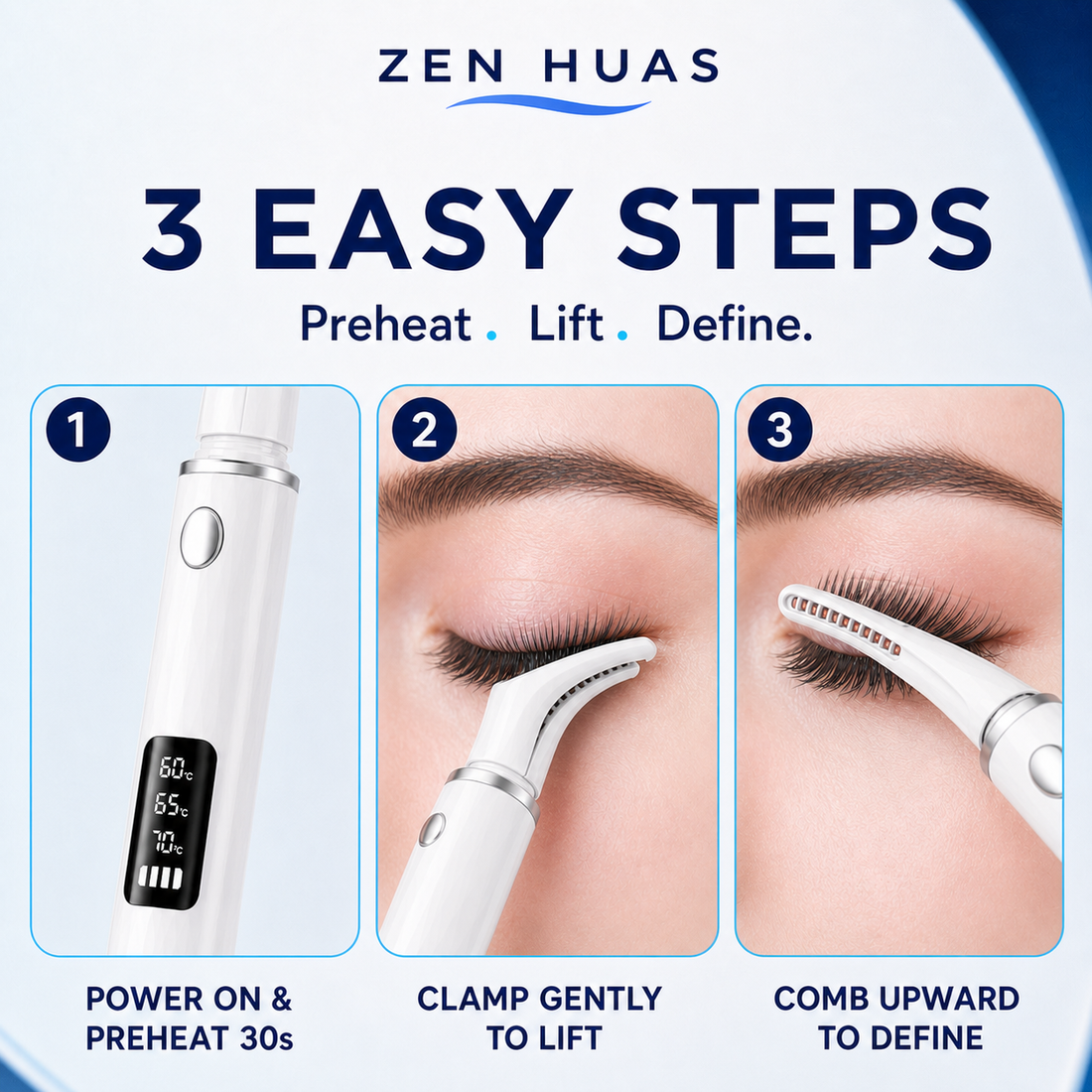 Heated eyelash curler three step use