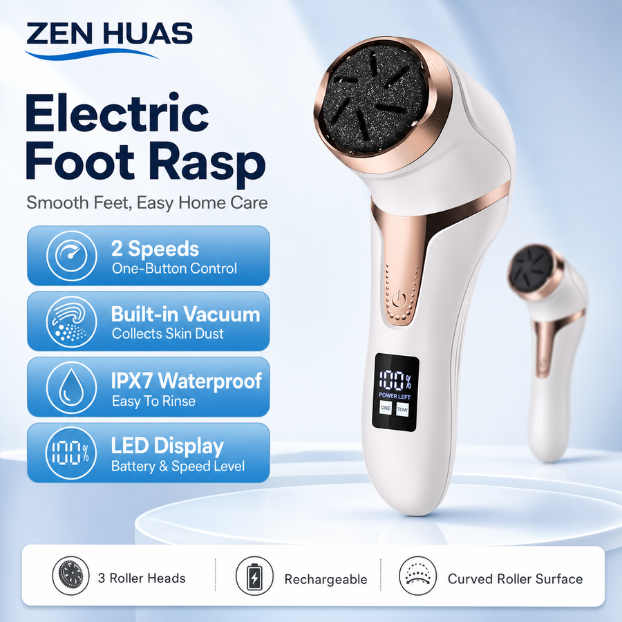 Electric Foot Rasp Callus Remover Rechargeable Pedicure File 2 Speeds Vacuum LED Display 3 Roller Heads