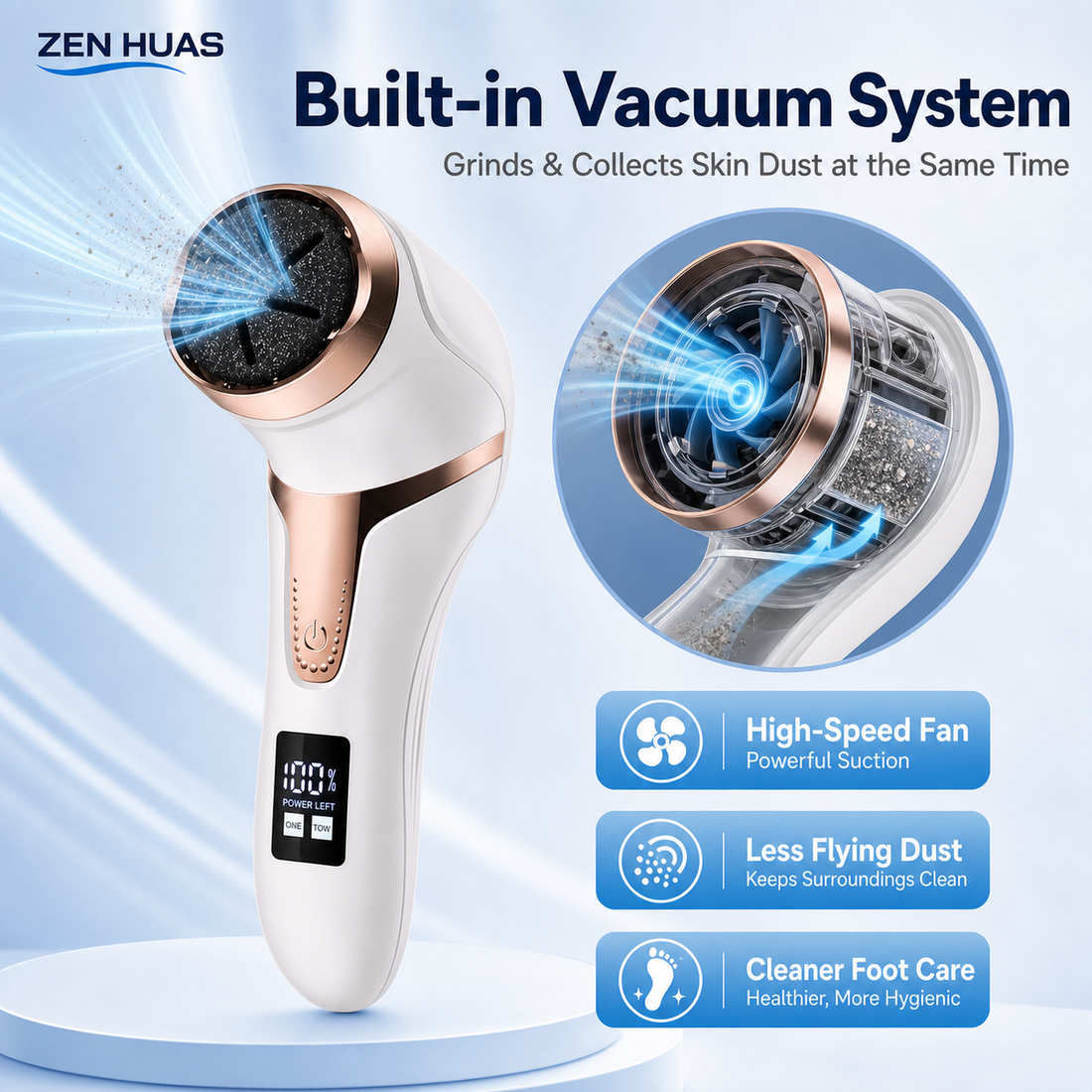 Electric Foot Rasp Callus Remover Rechargeable Pedicure File 2 Speeds Vacuum LED Display 3 Roller Heads - product detail 2