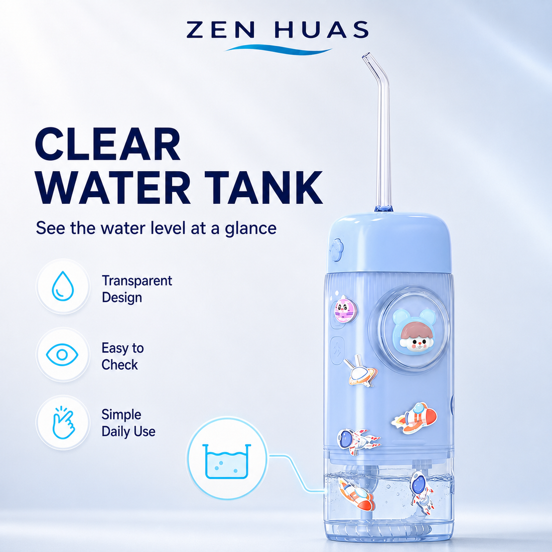 Kids Mini Water Flosser Portable Oral Care Device with 2 Cleaning Modes, One Button Control and Clear Water Tank - product detail 4
