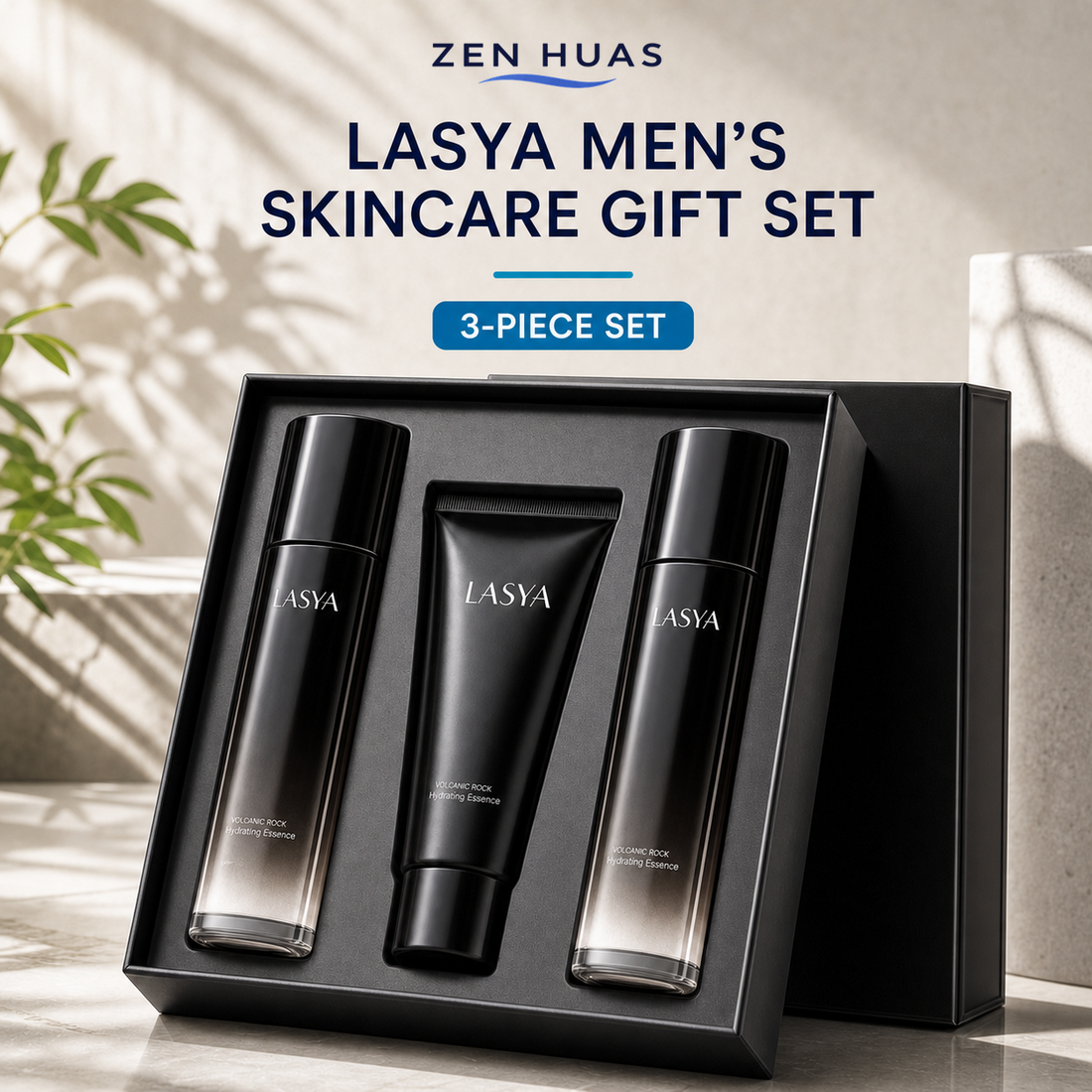 LASYA men skincare gift set with three pieces in fitted black box