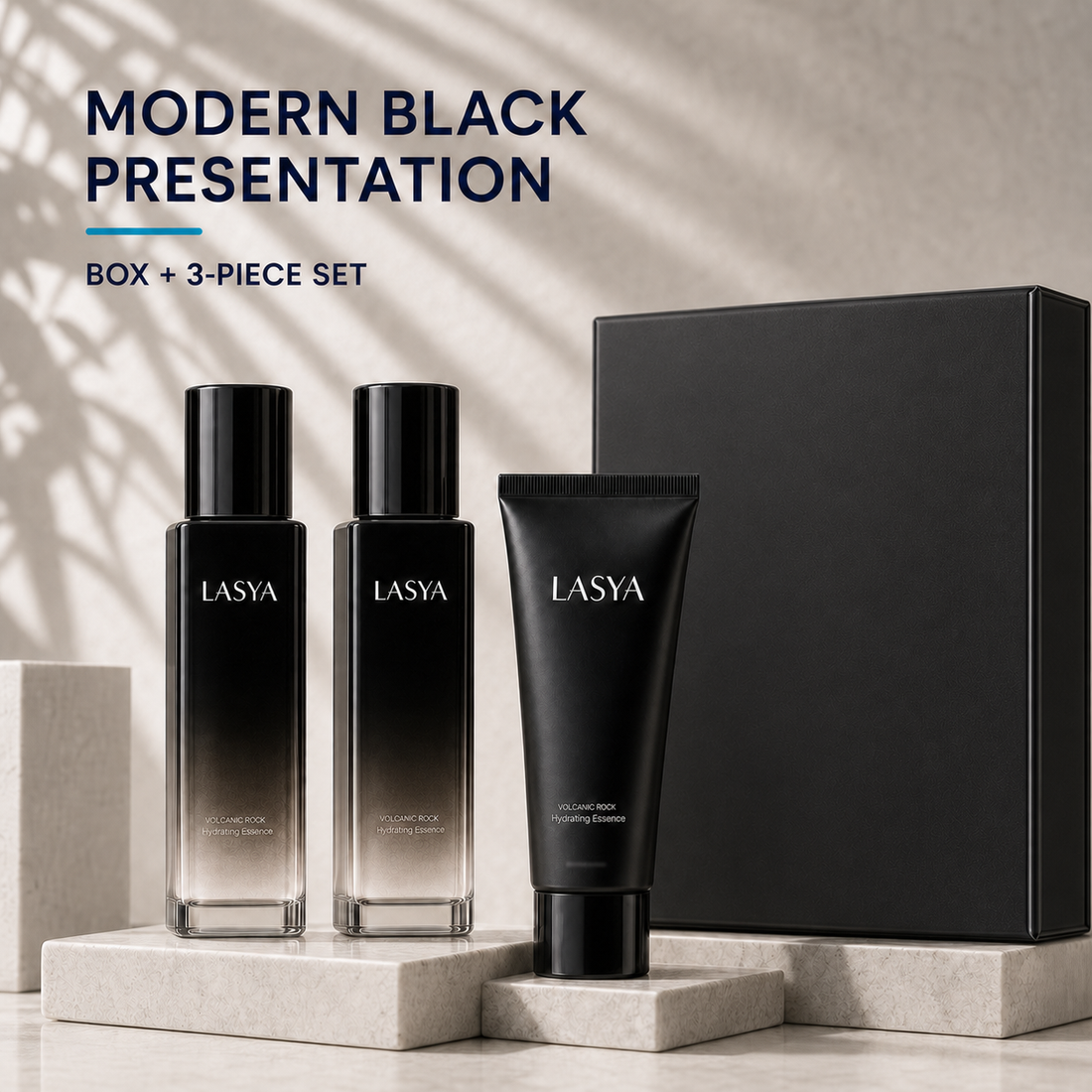 Modern black skincare gift set presentation