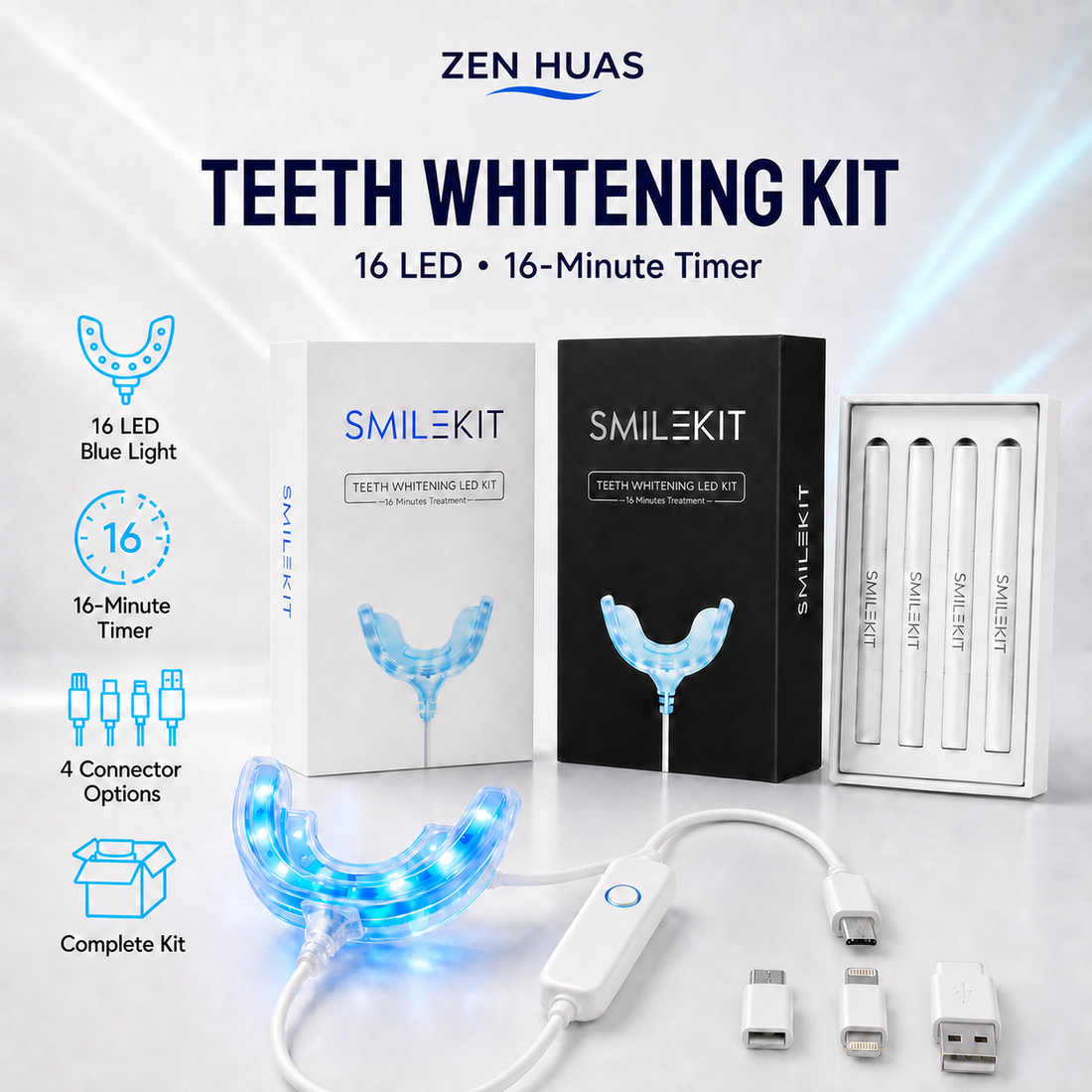 LED Teeth Whitening Kit 16 Blue Light Mouth Tray 4 Whitening Pens 16 Min Timer 4 Adapter Options
