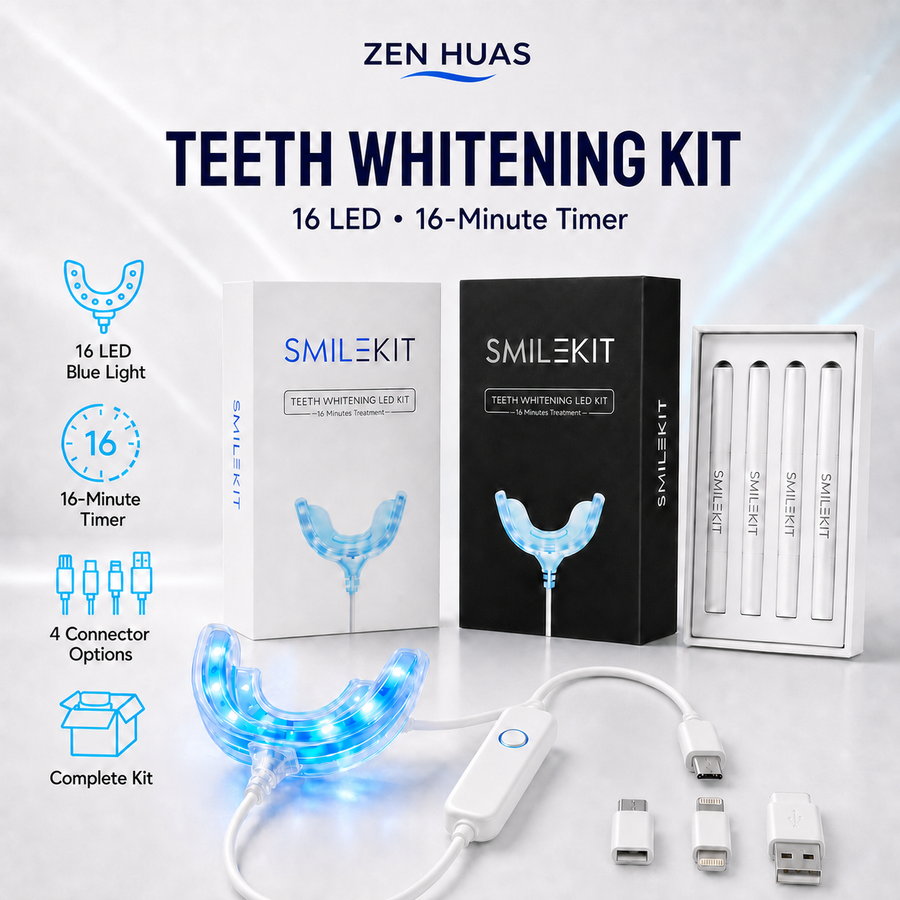 LED Teeth Whitening Kit 16 Blue Light Mouth Tray 4 Whitening Pens 16 Min Timer 4 Adapter Options