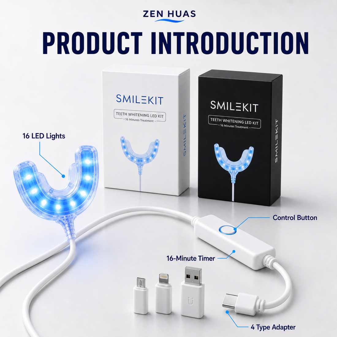 LED Teeth Whitening Kit 16 Blue Light Mouth Tray 4 Whitening Pens 16 Min Timer 4 Adapter Options - product detail 7