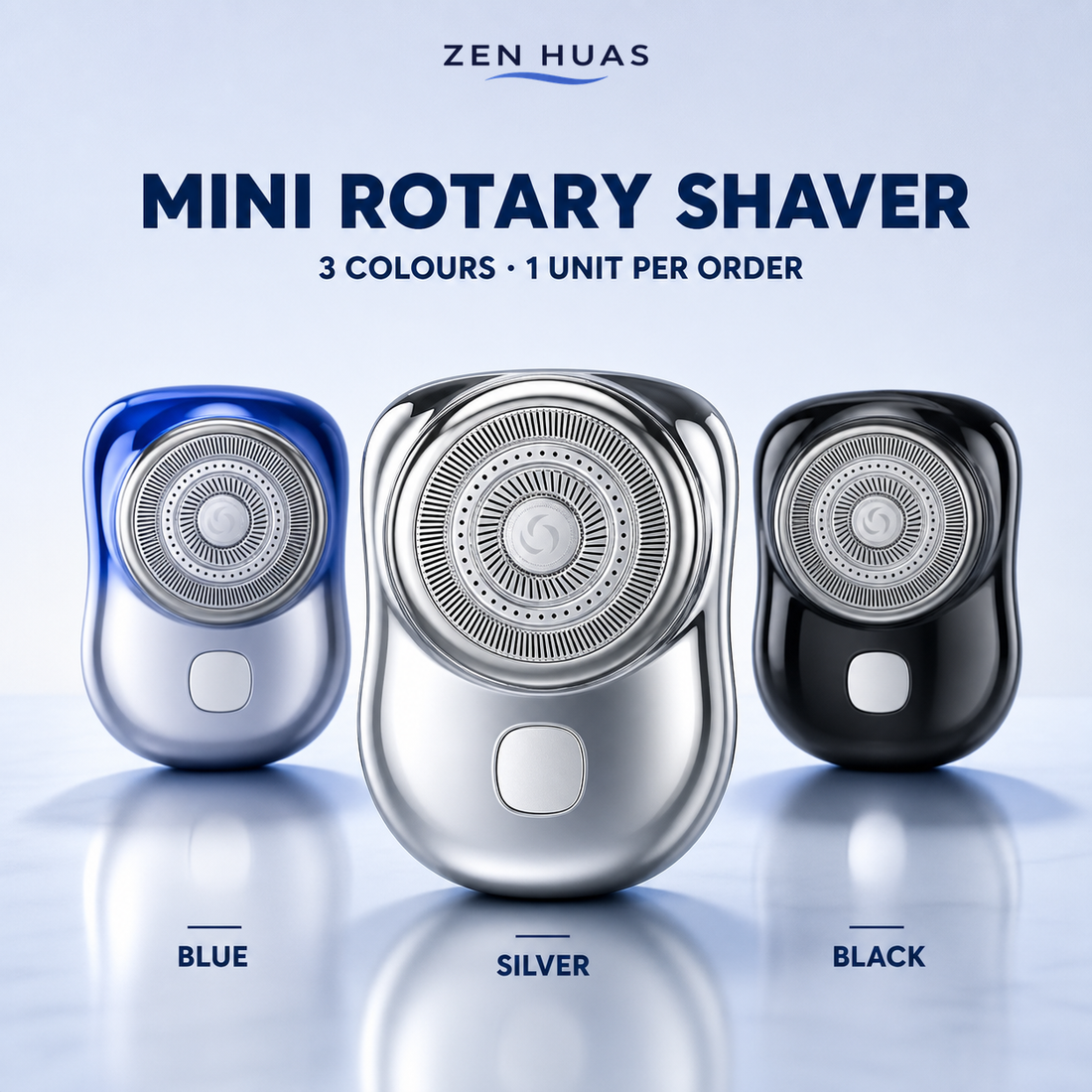 Mini rotary shaver in Silver, Blue and Black; one unit per order