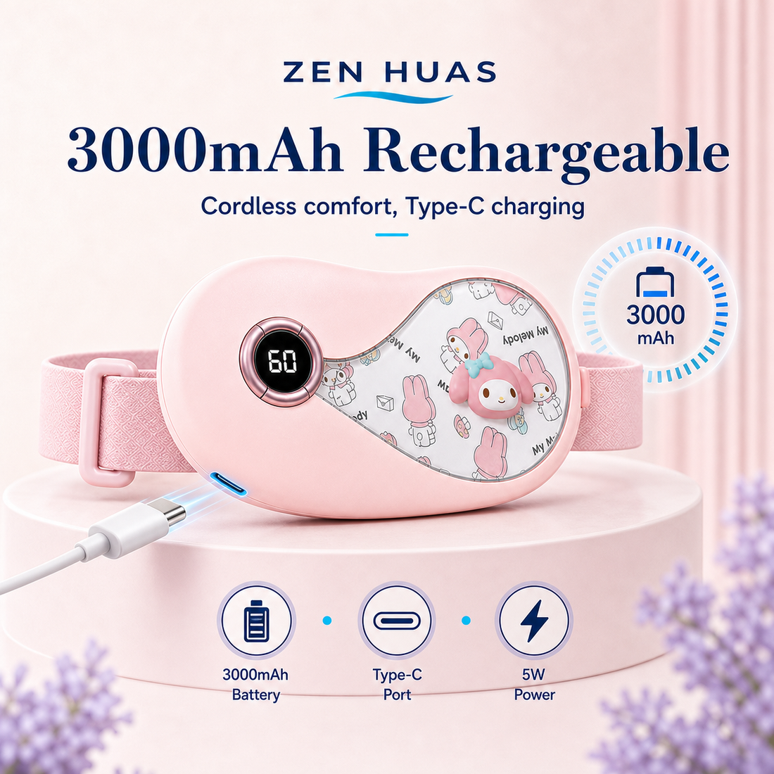 Period Heating Belt 5 Heat Levels 3 Vibration Modes 3000mAh Type-C Rechargeable Menstrual Warm Waist Pad - product detail 6
