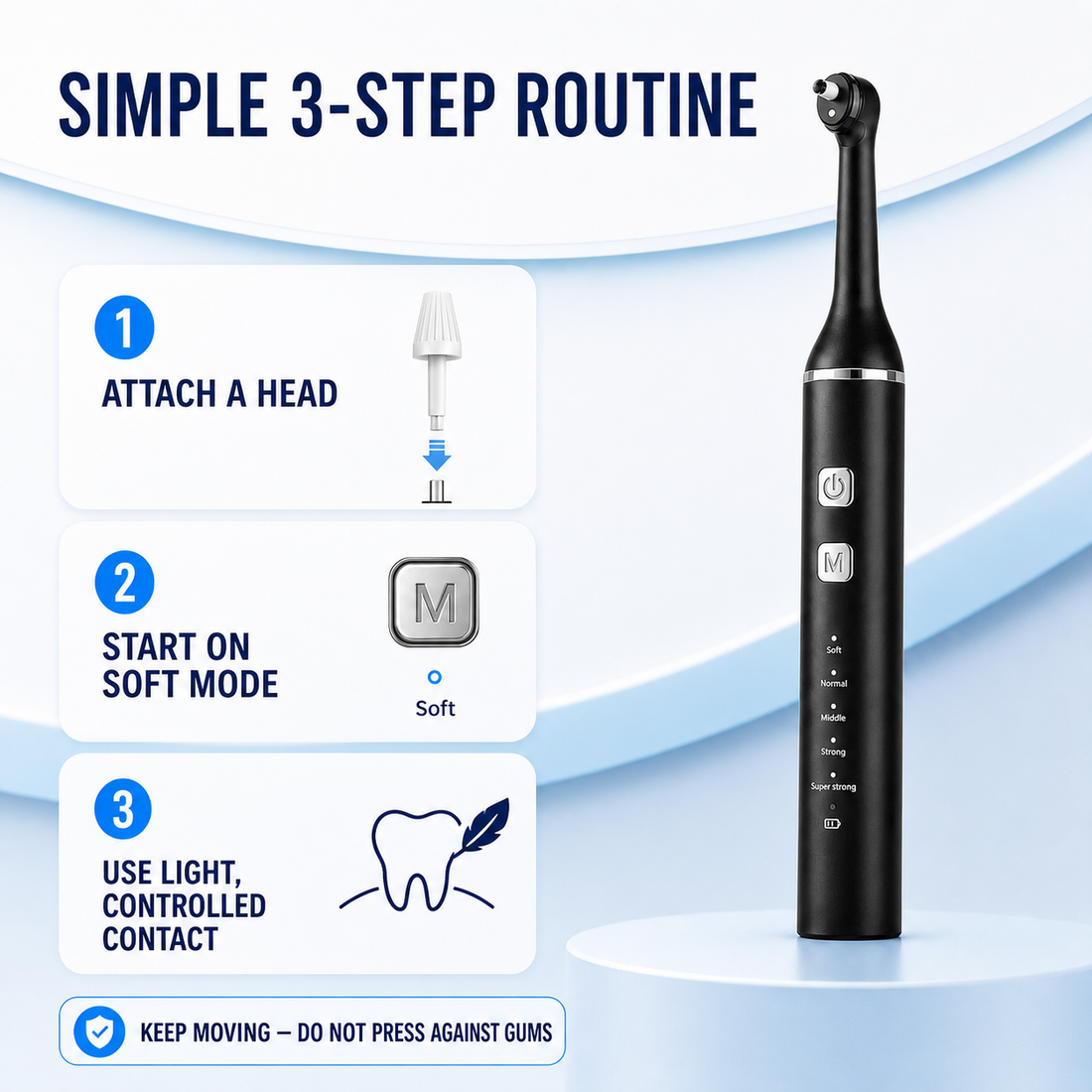 Electric tooth polisher three step use