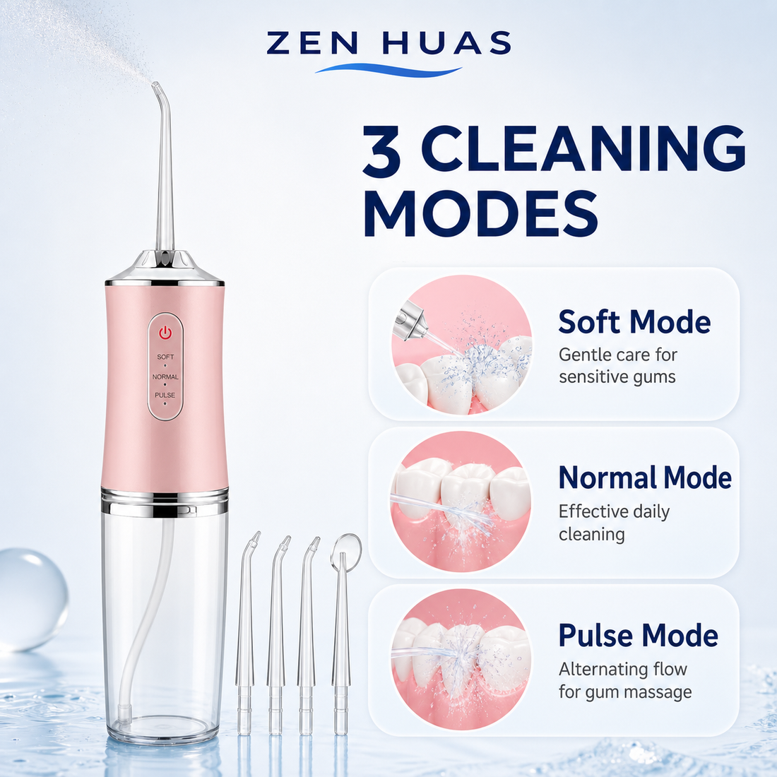 Portable Water Flosser 220ml Rechargeable Oral Irrigator with 3 Modes, 4 Nozzles and 360 Rotating Tip - product detail 1