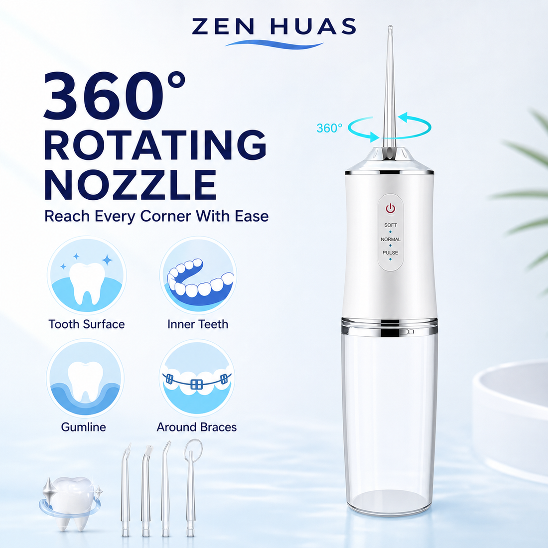 Portable Water Flosser 220ml Rechargeable Oral Irrigator with 3 Modes, 4 Nozzles and 360 Rotating Tip - product detail 2