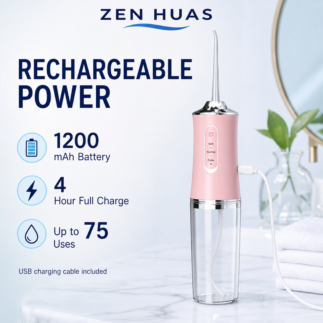 Portable Water Flosser 220ml Rechargeable Oral Irrigator with 3 Modes, 4 Nozzles and 360 Rotating Tip - product detail 5