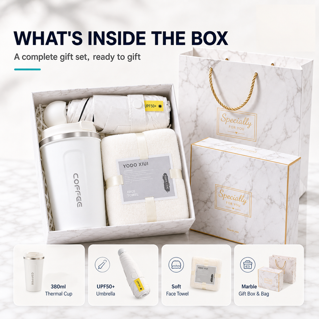 Premium 3 in 1 Gift Set UPF50+ Umbrella 380ml Thermal Cup Face Towel Marble Gift Box Corporate Door Gift - product detail 1