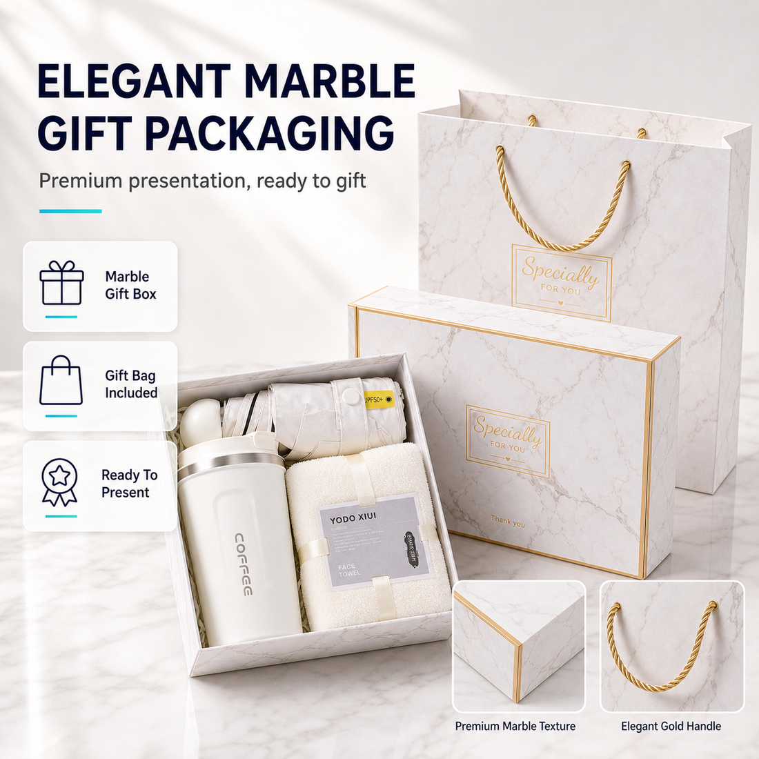 Premium 3 in 1 Gift Set UPF50+ Umbrella 380ml Thermal Cup Face Towel Marble Gift Box Corporate Door Gift - product detail 4