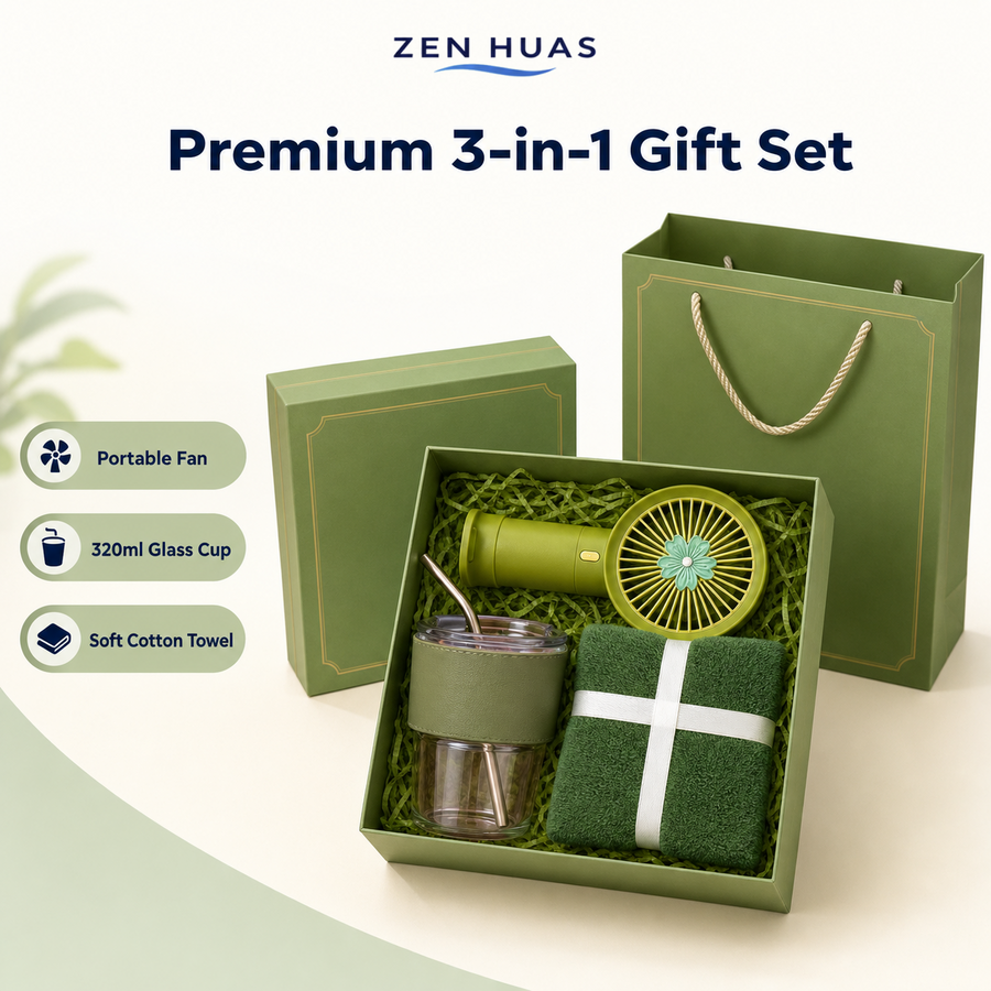 Premium 3-in-1 Gift Set with Portable Fan, 320ml Glass Cup, Cotton Towel and Box for Birthday Thank You