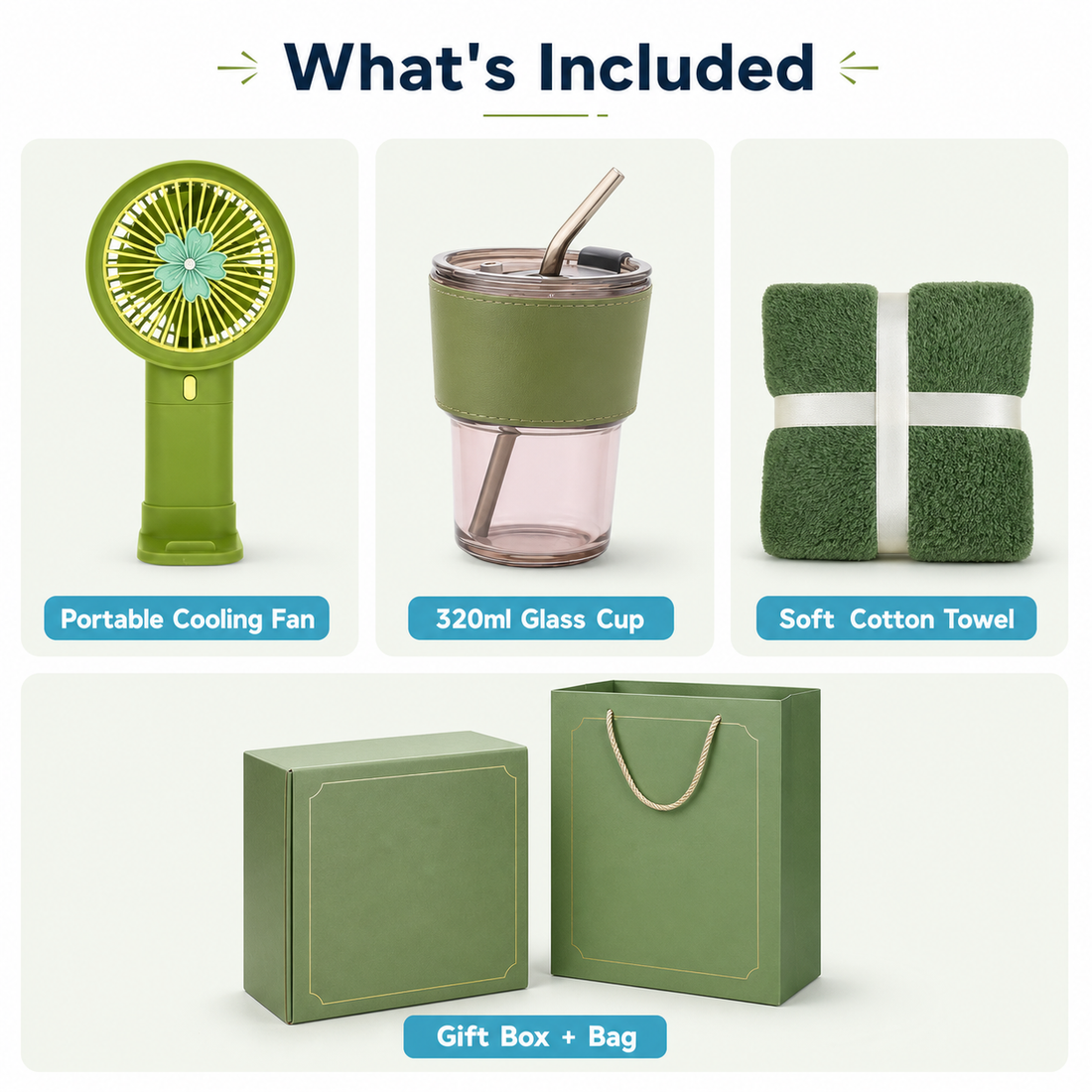 Premium 3-in-1 Gift Set with Portable Fan, 320ml Glass Cup, Cotton Towel and Box for Birthday Thank You - product detail 2