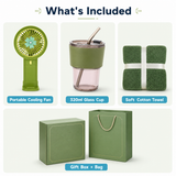 Premium 3-in-1 Gift Set with Portable Fan, 320ml Glass Cup, Cotton Towel and Box for Birthday Thank You - product detail 2