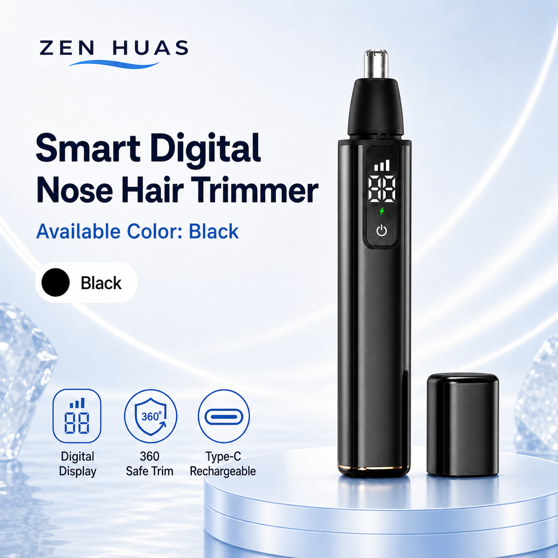 Rechargeable Electric Nose Hair Trimmer with LED Digital Display, 360 Degree Head and Type-C Fast Charging - Black