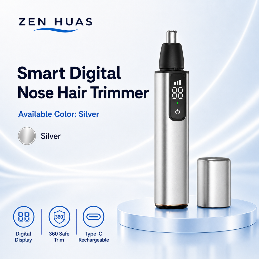 Rechargeable Electric Nose Hair Trimmer with LED Digital Display, 360 Degree Head and Type-C Fast Charging - Silver