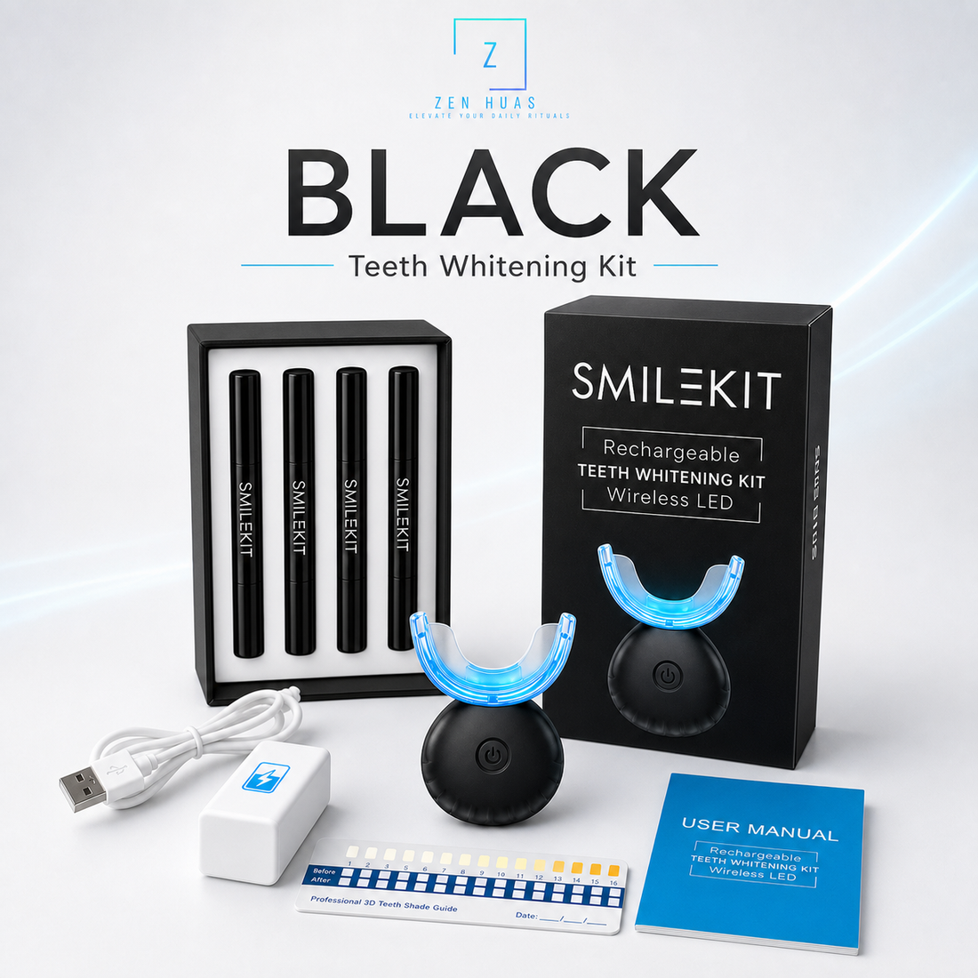 Rechargeable Teeth Whitening Kit 16 LED Blue Light Mouth Tray 4 Whitening Pens USB Wireless Shade Guide - Black