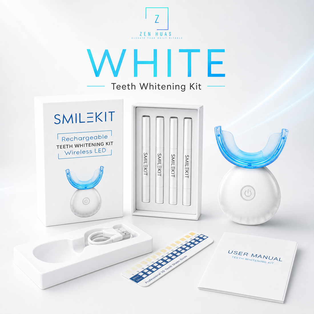 Rechargeable Teeth Whitening Kit 16 LED Blue Light Mouth Tray 4 Whitening Pens USB Wireless Shade Guide - White