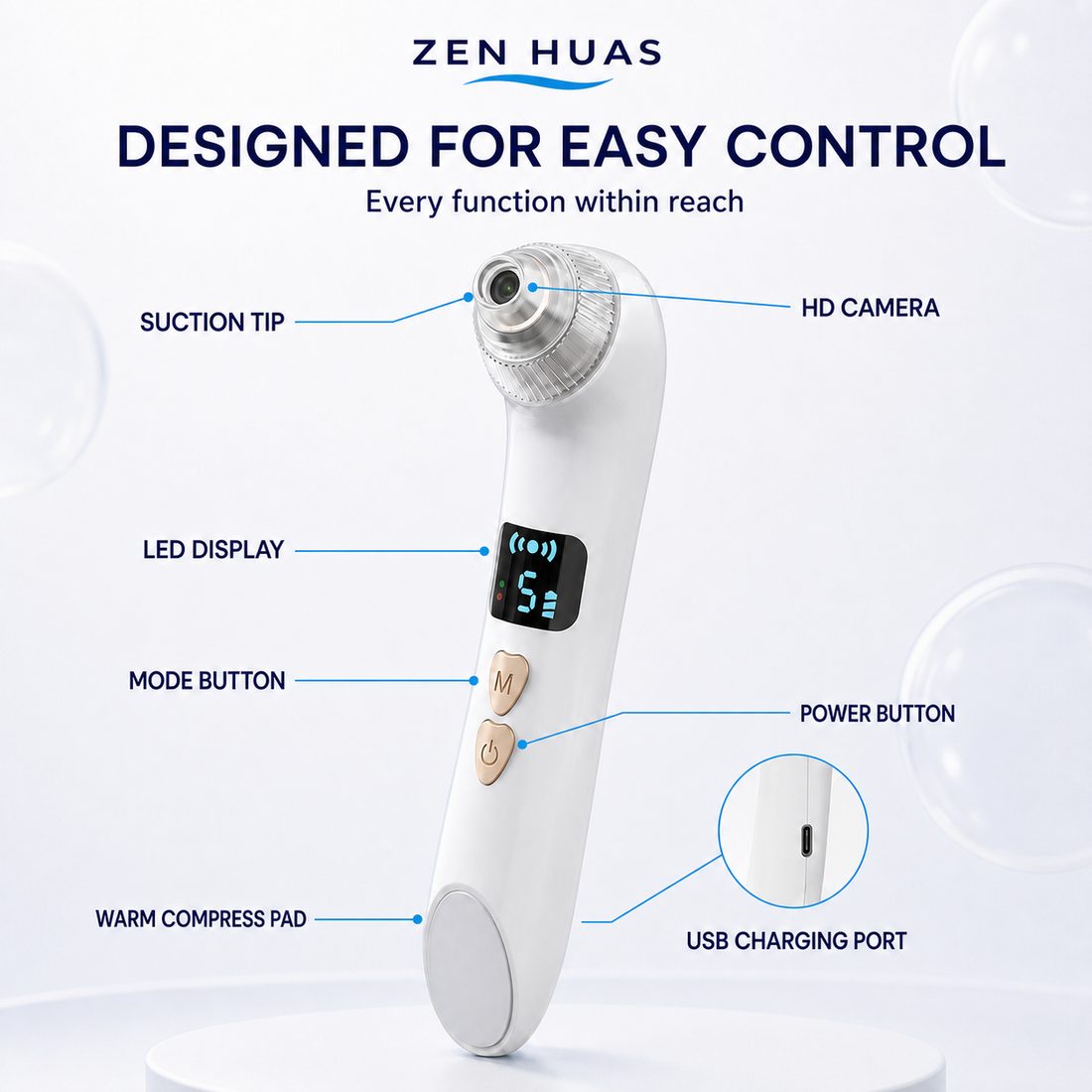 Smart Blackhead Remover Pore Vacuum with HD Camera, Warm Compress, 5 Suction Levels and 6 Cleaning Tips - product detail 5