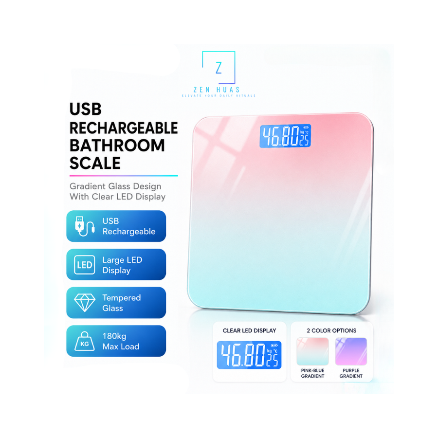 USB Rechargeable Digital Bathroom Scale Body Weight Scale LED Display Tempered Glass 180kg High Precision