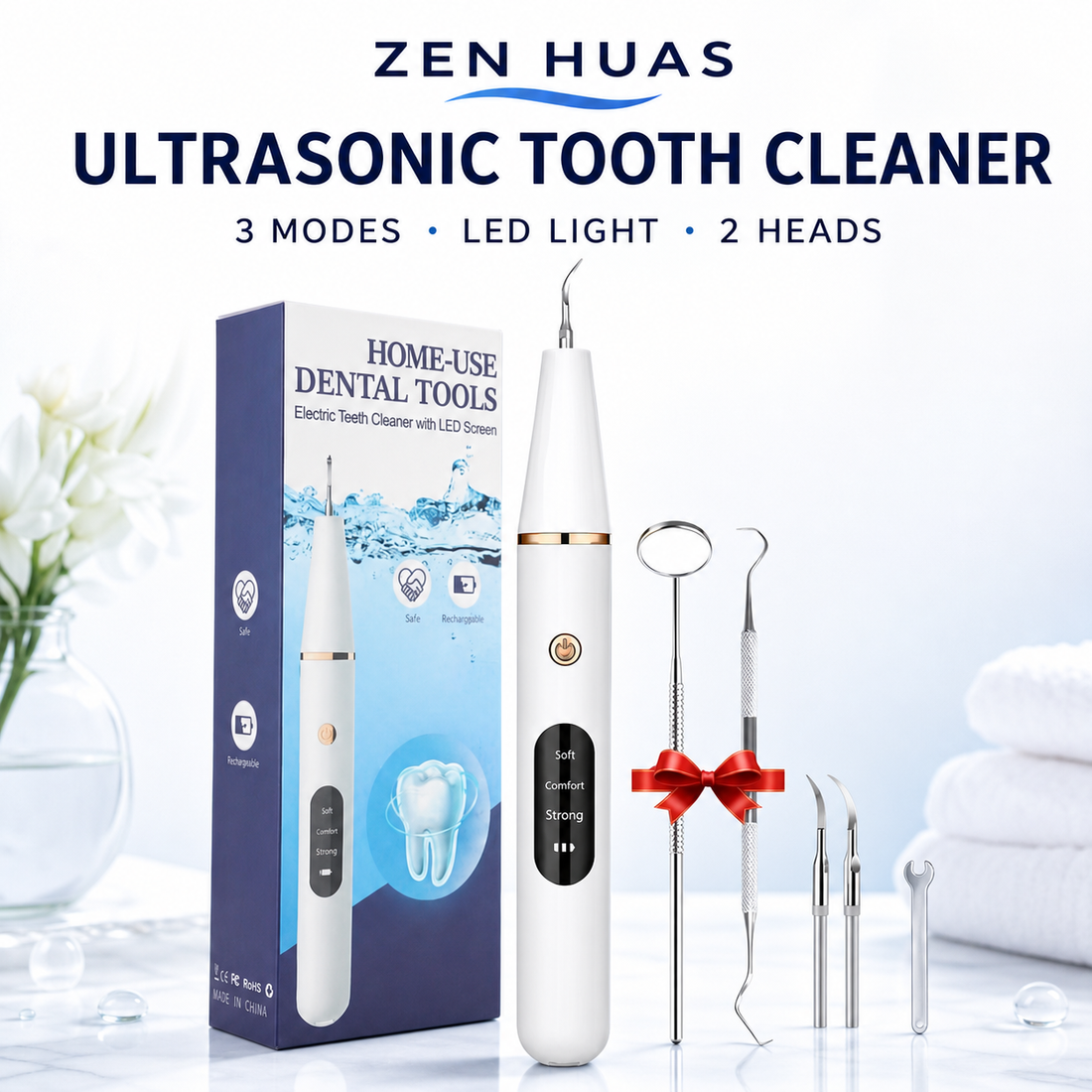 Ultrasonic Dental Scaler Tooth Cleaner with LED Light, 3 Cleaning Modes, 2 Precision Heads and Oral Care Kit
