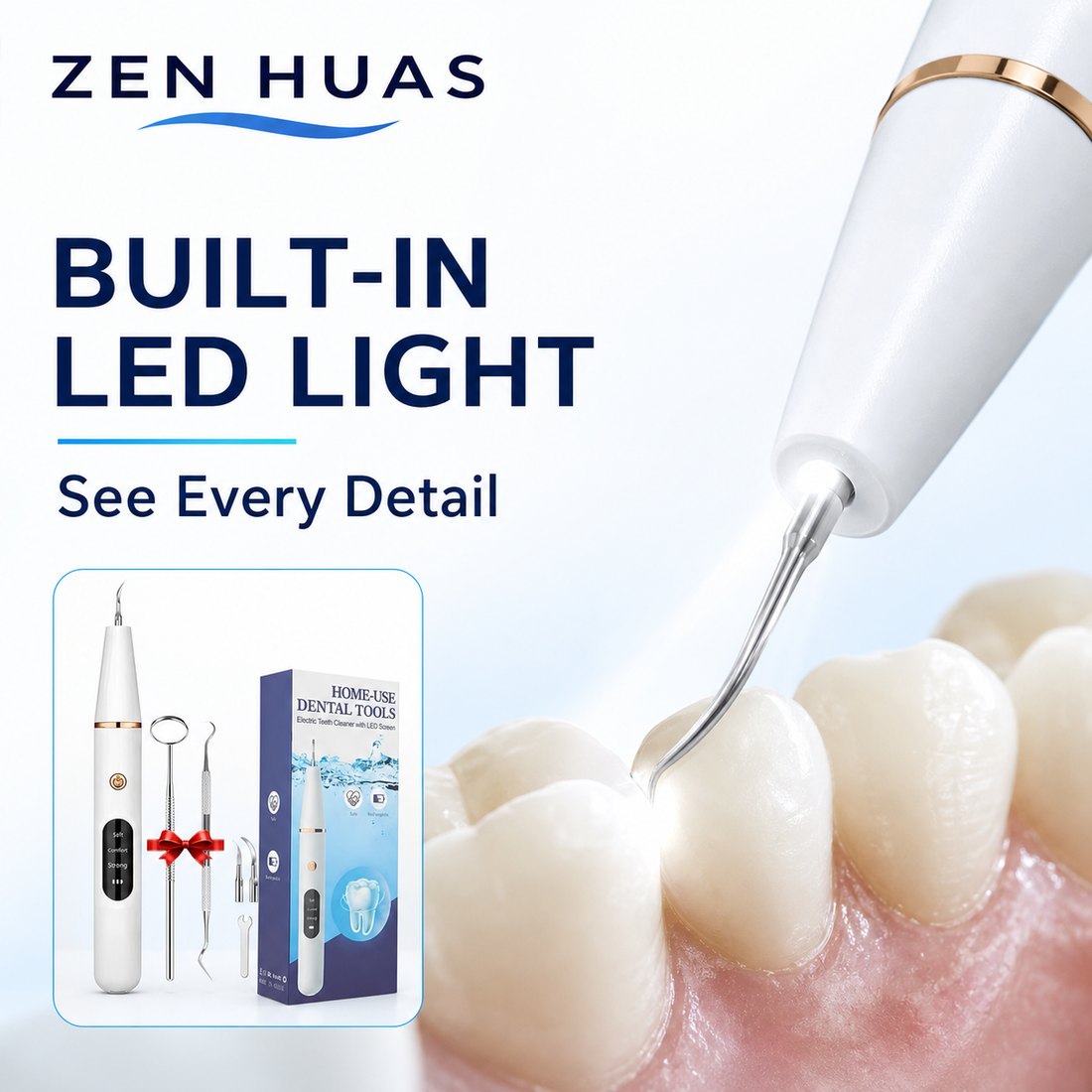 Ultrasonic Dental Scaler Tooth Cleaner with LED Light, 3 Cleaning Modes, 2 Precision Heads and Oral Care Kit - product detail 4