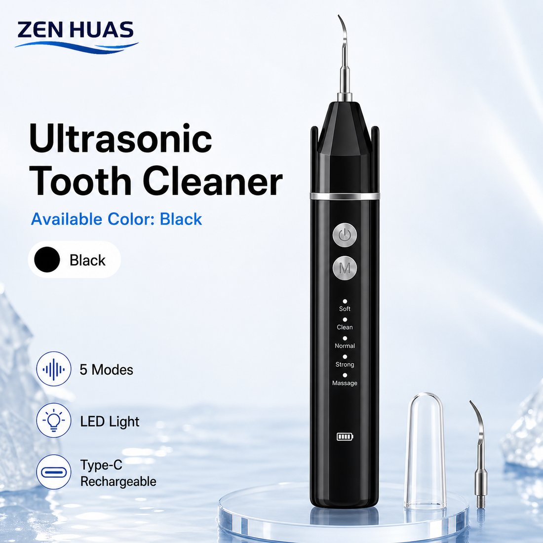 Ultrasonic Tooth Cleaner Dental Scaler 40kHz 5 Modes LED Light Type-C Rechargeable Oral Care Kit - Black