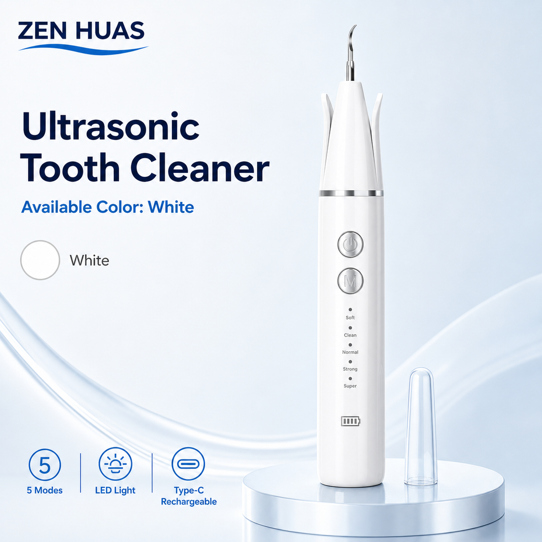 Ultrasonic Tooth Cleaner Dental Scaler 40kHz 5 Modes LED Light Type-C Rechargeable Oral Care Kit - White
