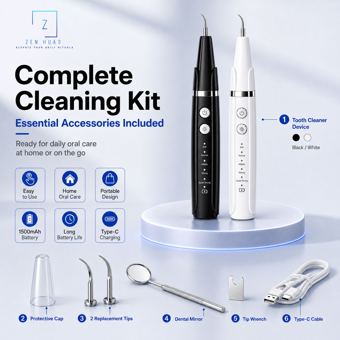 Ultrasonic Tooth Cleaner Dental Scaler 40kHz 5 Modes LED Light Type-C Rechargeable Oral Care Kit - product detail 6