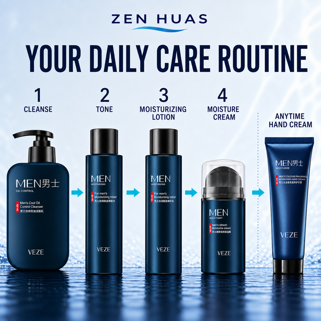 VEZE Men's 5-Piece Skincare Set with Facial Cleanser, Toner, Lotion, Moisture Cream and Hand Cream Gift Set - product detail 2