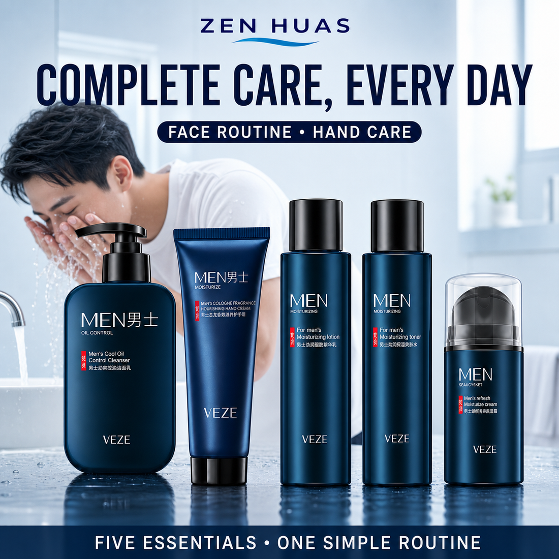 VEZE Men's 5-Piece Skincare Set with Facial Cleanser, Toner, Lotion, Moisture Cream and Hand Cream Gift Set - product detail 8