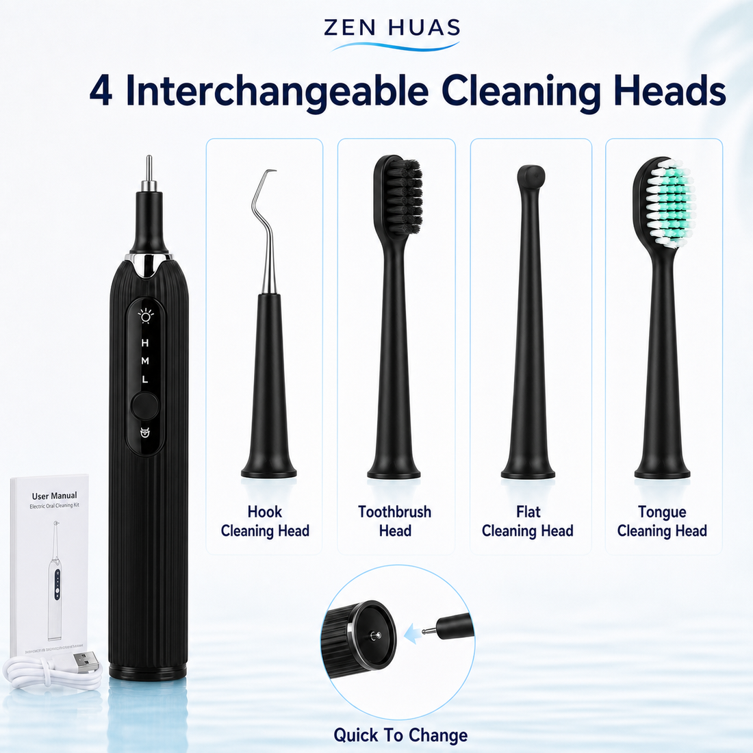 Four interchangeable cleaning heads