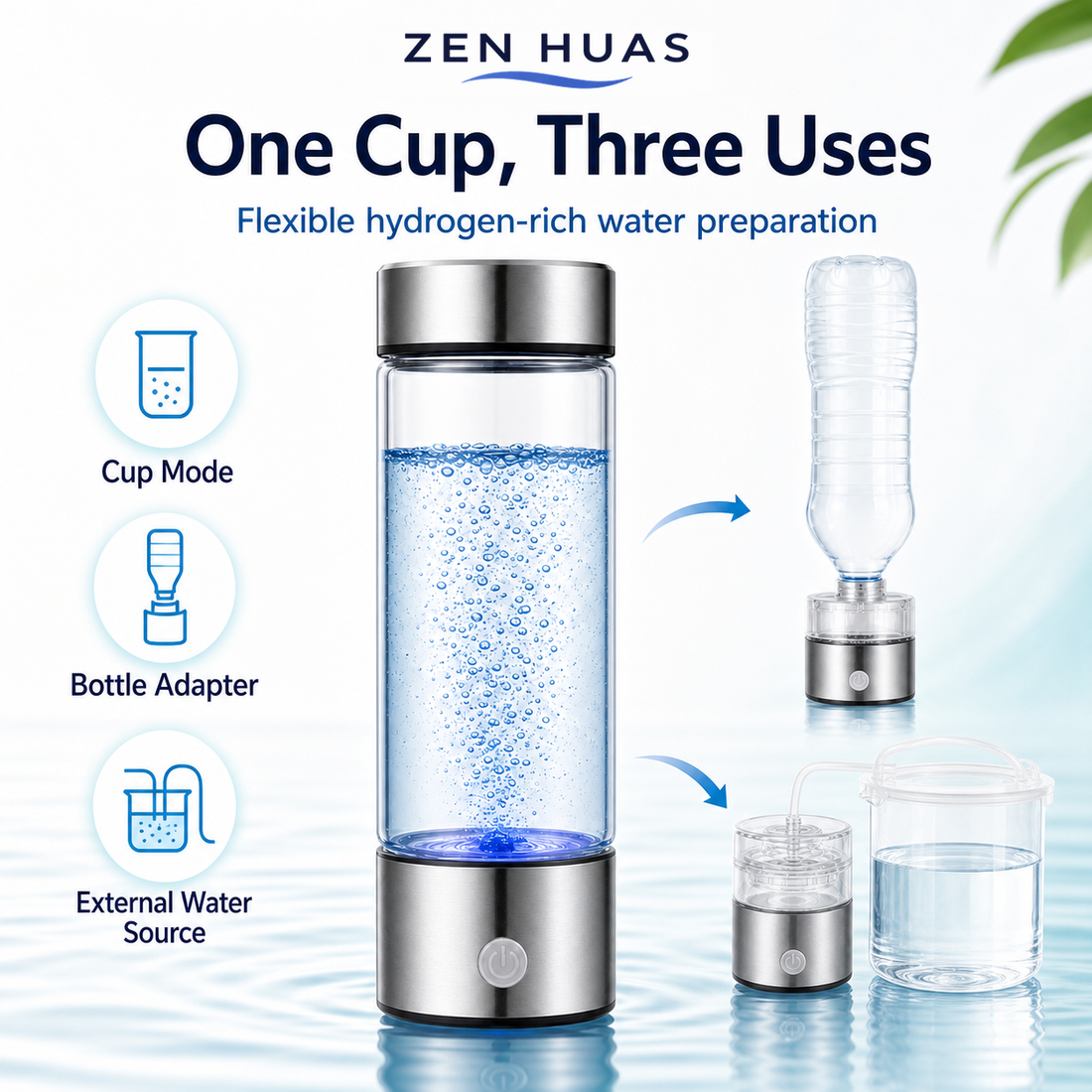 Three setup options for hydrogen water cup
