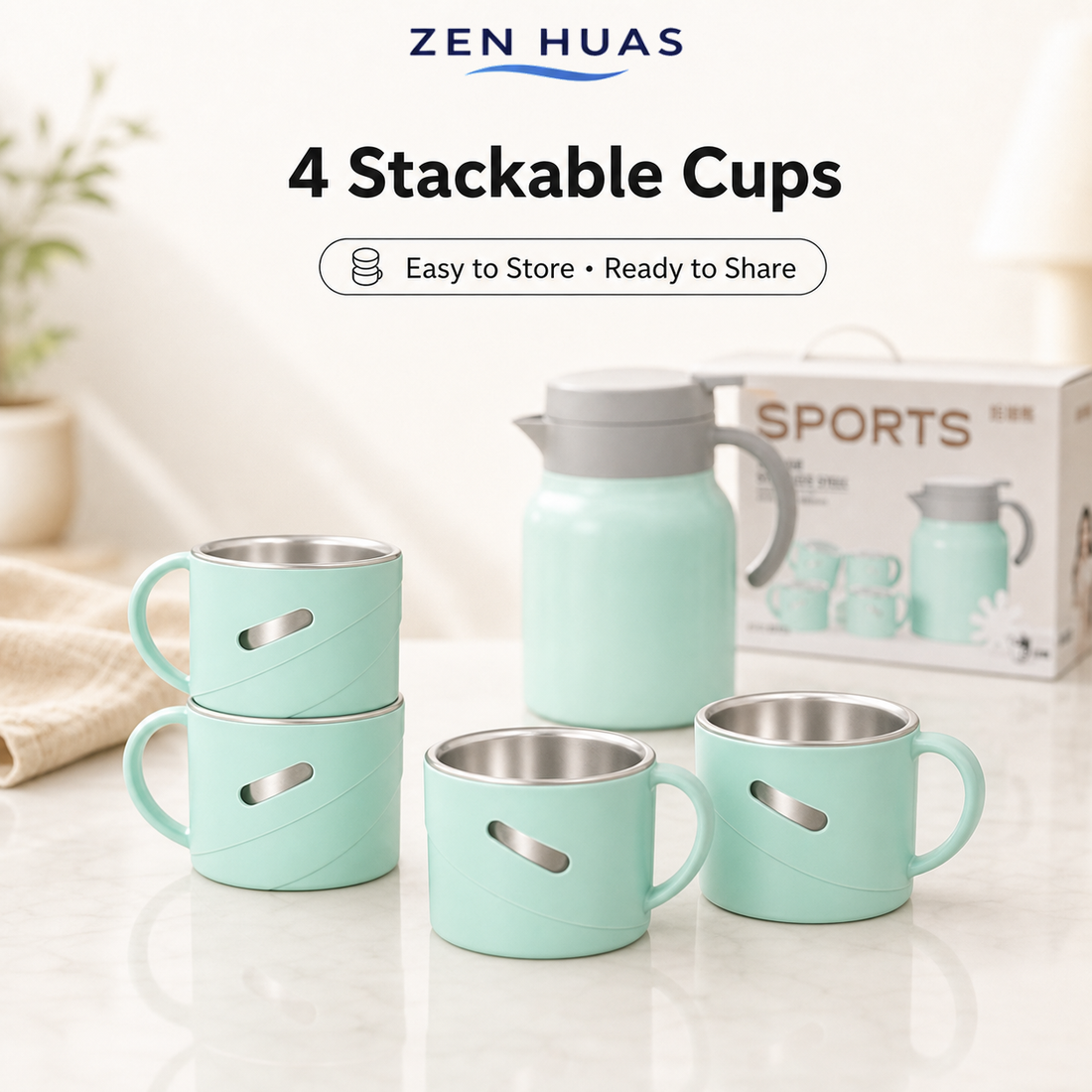 Thermal Jug Gift Set stackable cups