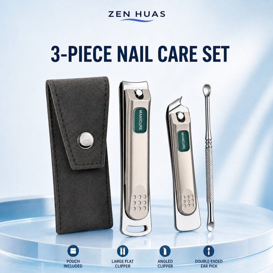 3-Piece Nail Clipper Set Flat & Slanted Edge with Double-Ended Ear Pick and Travel Pouch